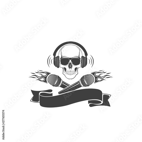 Skull and microphone, vector logo. Template for printing on t-shirt. Element, sticker, label.