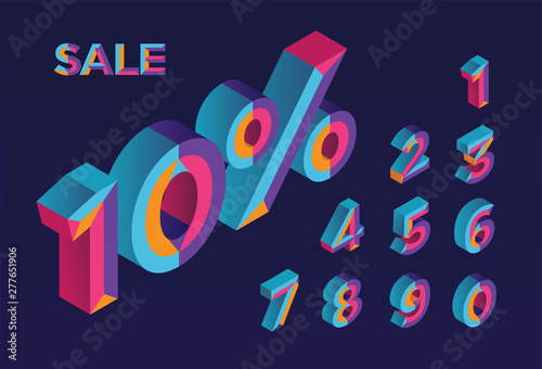 10% sale. 0, 1, 2, 3, 4, 5, 6, 7, 8, 9 isometric 3D numeral alphabet. Percent off, sale background. Colorfull polygonal triangle Letter. Eps10. Vector Isolated Number.