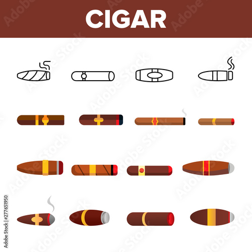 Lit Luxurious Cuban Cigar Vector Icons Set. Nicotine, Narcotic Addiction, Bad Habit Outline Cliparts. Cigarettes With Emblems Thin Line design. Burning, Lit Cigar With Smoke And Ash Flat Illustration