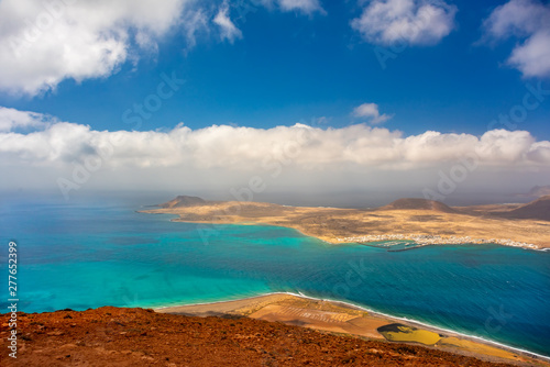 beautiful volcanic island Lanzarote - panoramic view from Mirador del rio. Canary islands