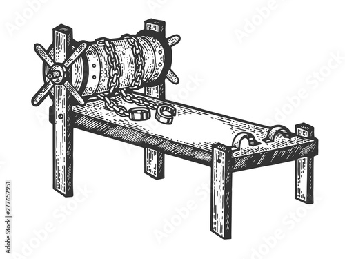 Vecteur Stock Rack medieval torture device sketch engraving vector  illustration. Scratch board style imitation. Hand drawn image. | Adobe Stock