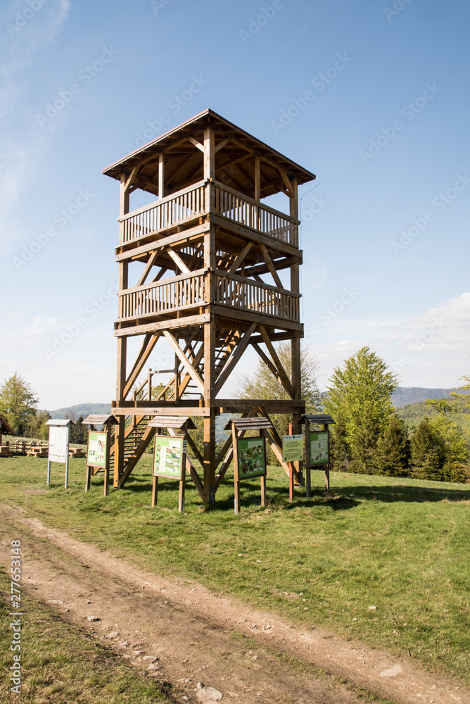 view tower on Stary Gron hill in Beskid Slaski mountains in Poland view tower on Stary Gron hill in Beskid Slaski mountains in Poland