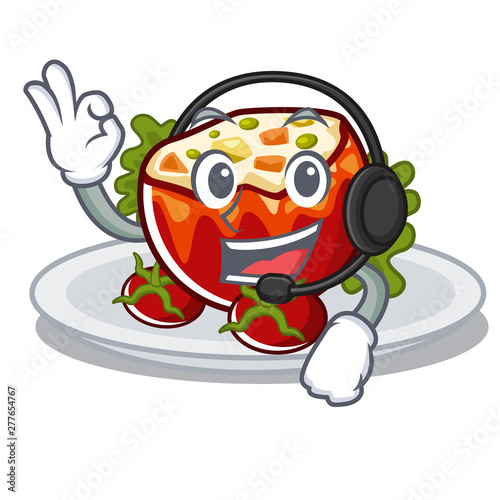With headphone stuffed tomatoes in the cartoon shape