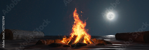 3d rendering of large bonfire with sparks and particles in front of full moon light at sand beach