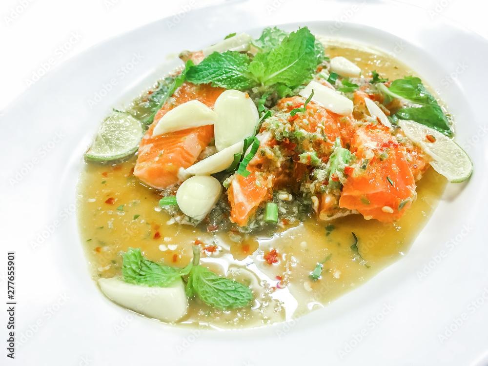 Salmon spicy salad in Thai style Salmon spicy salad in Thai style