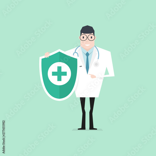 Doctor with stethoscope holding hygienic shield protecting. Health check up.