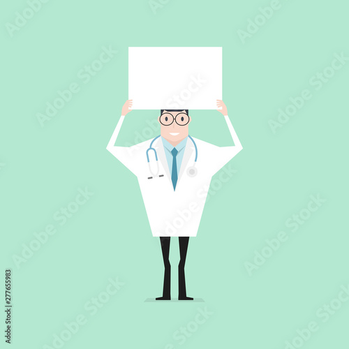 Doctor standing and holding a blank banner.