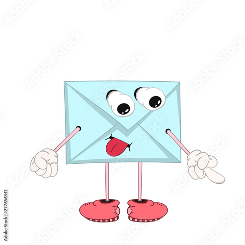 A funny blue cartoon letter with eyes, arms and legs in shoes shows tongue and an obscene finger gesture.
