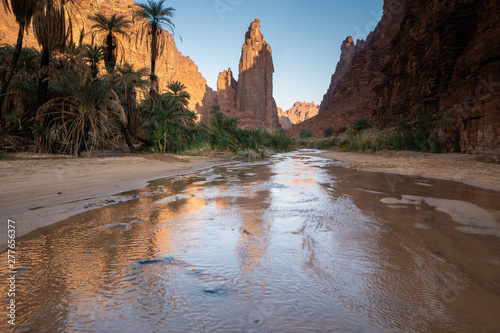 Rock and oasis scenes in Wadi Disah in Tabuk Region, Saudi Arabia