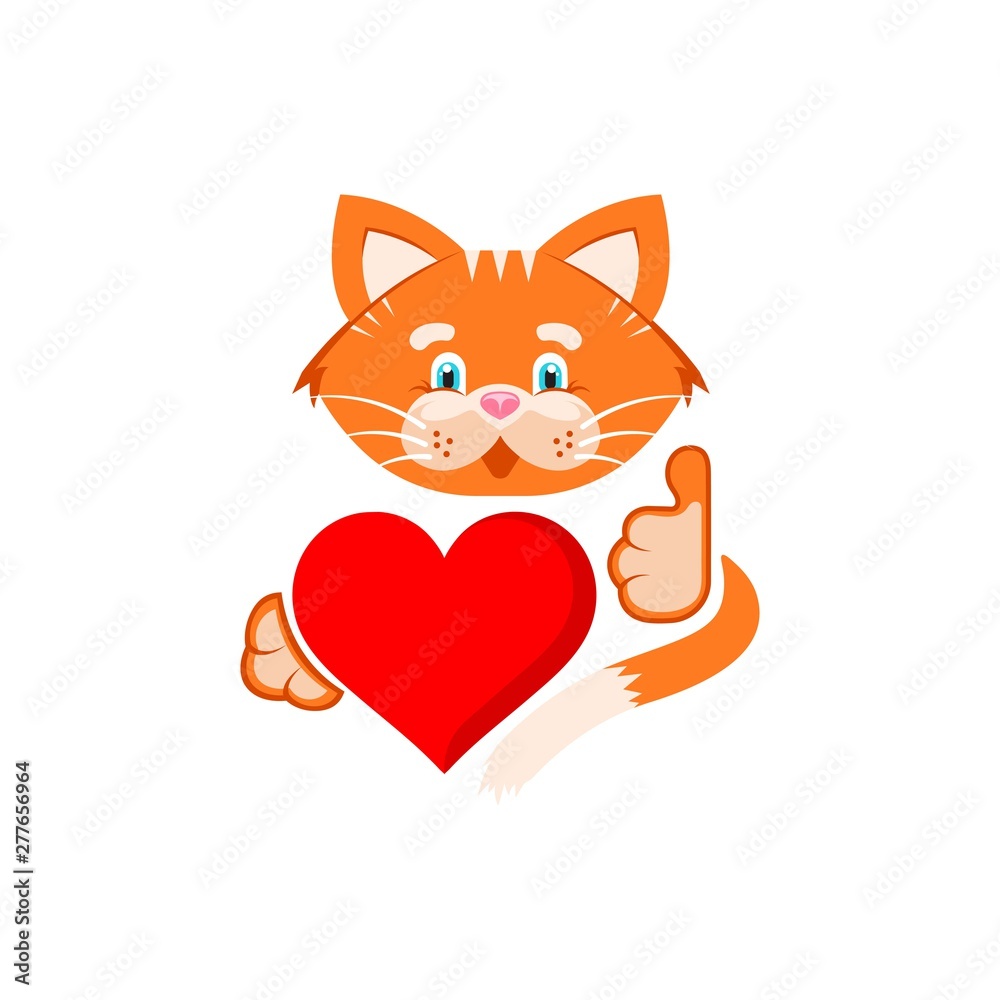 Vector graphic illustration.  Orange cat holding heart and he like it.  Cartoon character, concept for printing products for pets, a sign, a donation for pets, an advertising logo.