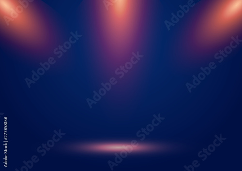 Blue stage show background with spotlights and orange rays and glowing effect. Empty scene. Illuminated design.