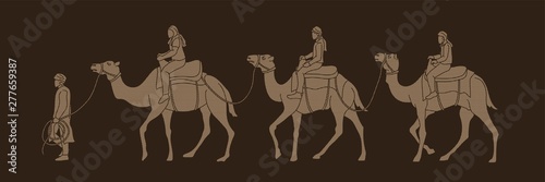 Camel tour with guide cartoon graphic vector.