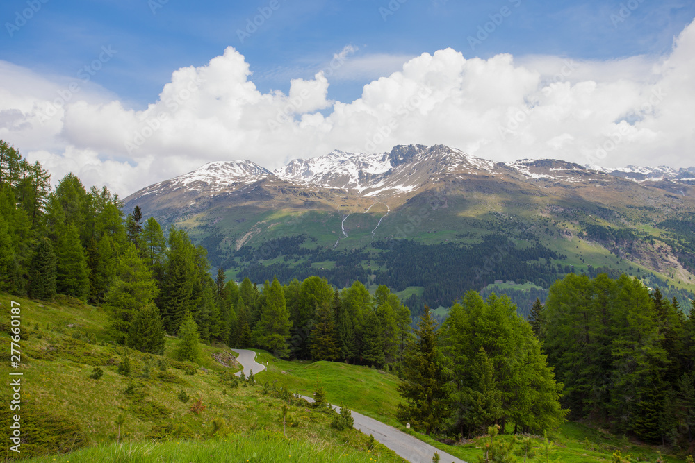 View from the Gavia pass, an alpine pass of the Southern Rhaetian Alps, marking the administrative border between the provinces of Sondrio and Brescia, Italy