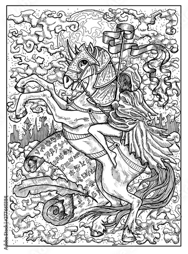 Rider. Black and white mystic concept for Lenormand oracle tarot card