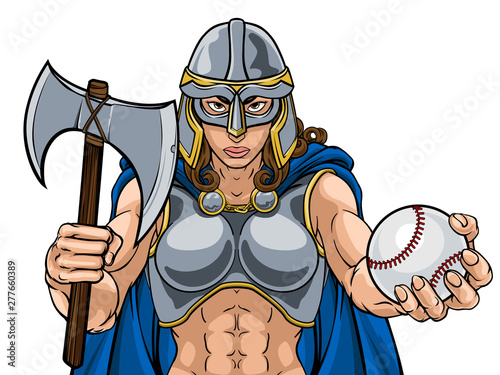 A female Viking, Trojan Spartan or Celtic warrior woman gladiator knight baseball sports mascot