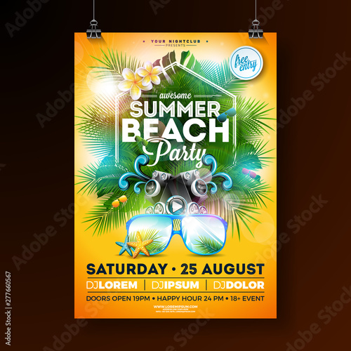 Summer Beach Party Flyer Design with flower, lifebelt and sunglasses on yellow background. Vector Summer Celebration Design template with nature floral elements, tropical plants and typograpy letter