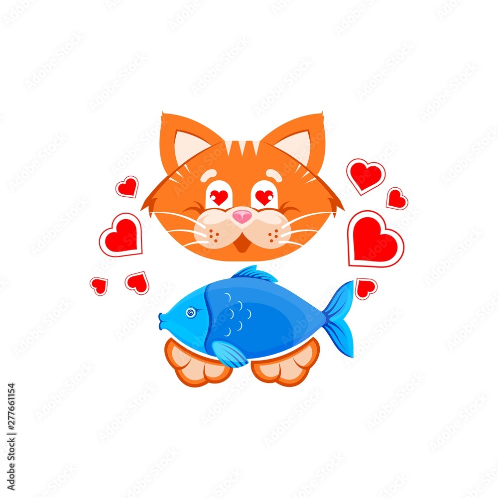 Vector graphic illustration. Funny orange cat holding a fish on the background of red hearts. Logo concept for a pet shop and a vet clinic. Symbol, sign, emblem, logo, label. Vector graphic illustration. Funny orange cat holding a fish on the background of red hearts. Logo concept for a pet shop and a vet clinic. Symbol, sign, emblem, logo, label.
