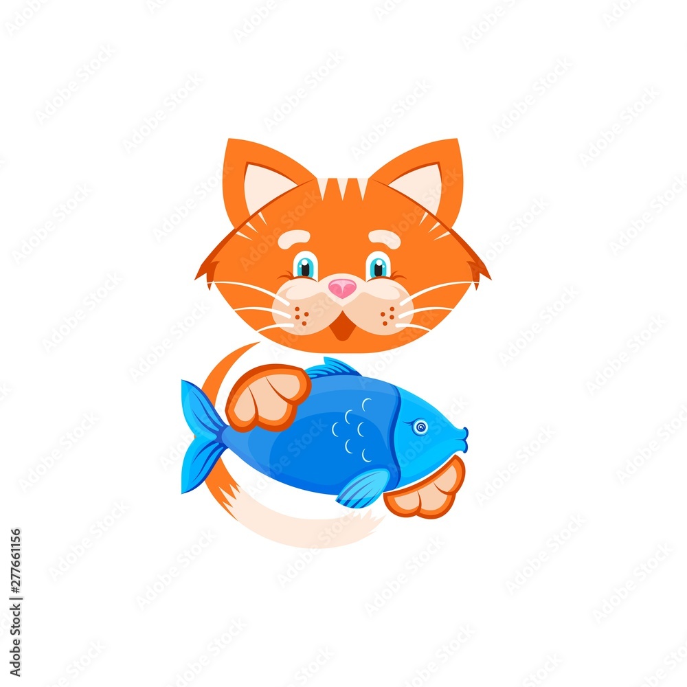 Obraz premium Vector graphic illustration. Funny Orange cat holding a small fish in its paws. Logo concept for a pet shop and a vet clinic. Symbol, sign, emblem, logo, label. Isolated elements on white background.