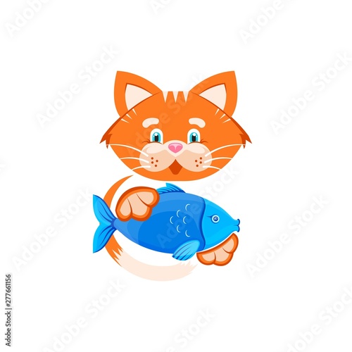 Vector graphic illustration. Funny Orange cat holding a small fish in its paws. Logo concept for a pet shop and a vet clinic. Symbol, sign, emblem, logo, label. Isolated elements on white background.