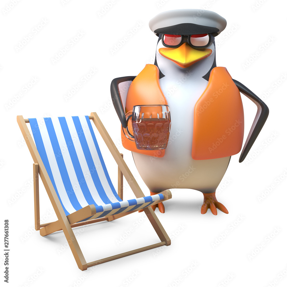 Obraz premium Nautical penguin sailor in lifejacket and sailors cap drinks a pint of beer near deckchair, 3d illustration