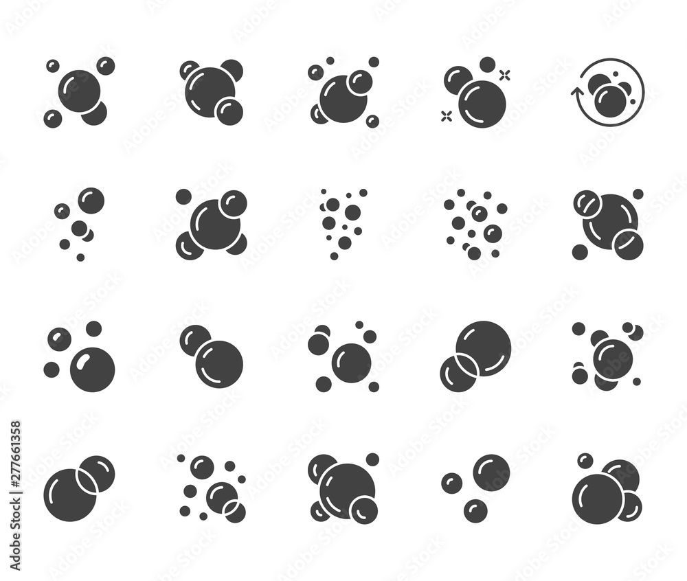 Fototapeta Bubbles flat glyph icons set. Soap foam, fizzy drink, oxygen bubble pictogram, effervescent effect vector illustrations, signs. Solid silhouette pixel perfect 64x64