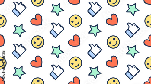 Feedback seamless pattern with flat line icons of thumbs up, like, star, happy customer. Simple background for client review, survey