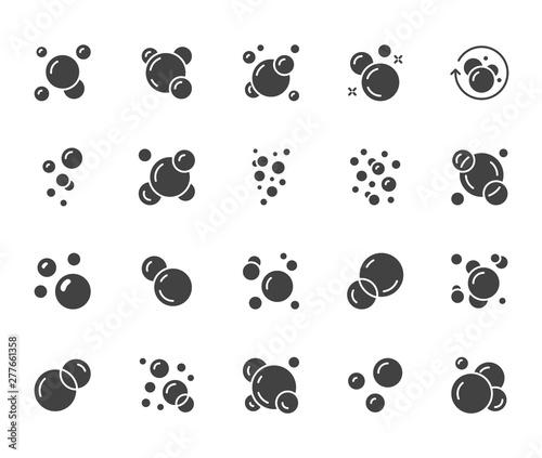 Bubbles flat glyph icons set. Soap foam, fizzy drink, oxygen bubble pictogram, effervescent effect vector illustrations, signs. Solid silhouette pixel perfect 64x64