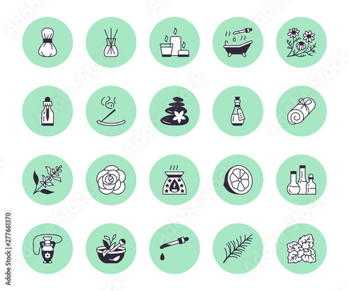 Essential oils aromatherapy vector flat line icons set. Elements - aroma therapy diffuser, oil burner, candles, incense sticks. Linear pictogram for spa salon