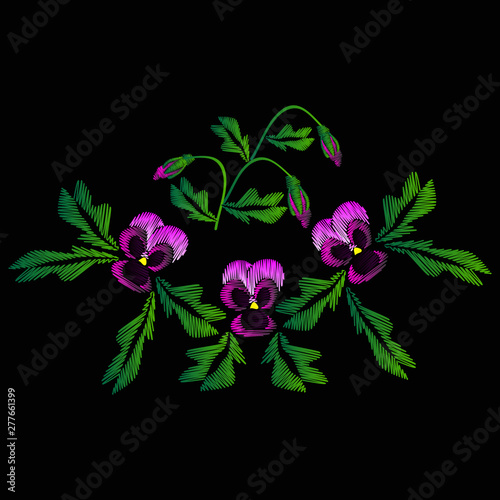 Embroidery of jeans. Smooth. Lilac flowers Pansies with buds. Flower pattern. Traditional folk ornament. Vector illustration on a black background