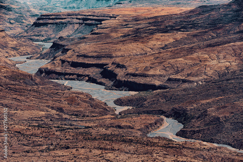 Beautiful mountain landscape with canyon and dry river bed, Oromia Region. Ethiopia wilderness landscape, Africa.
