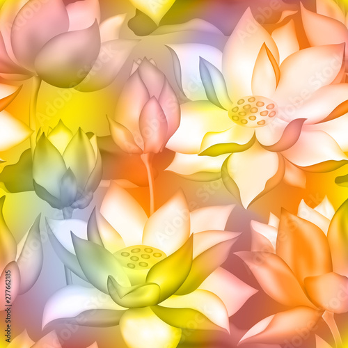 Lotus buds and flowers seamless background., Water lilly nelumbo aquatic plant botanical design.