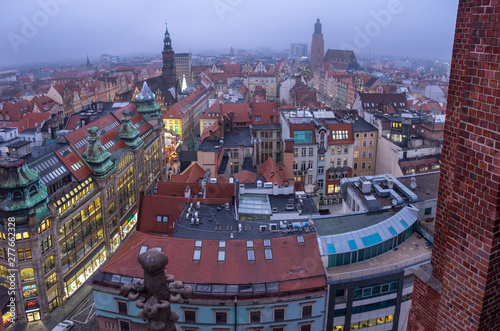 Panoramic aerial view on old town of Wroclaw at cold winter evening. Poland