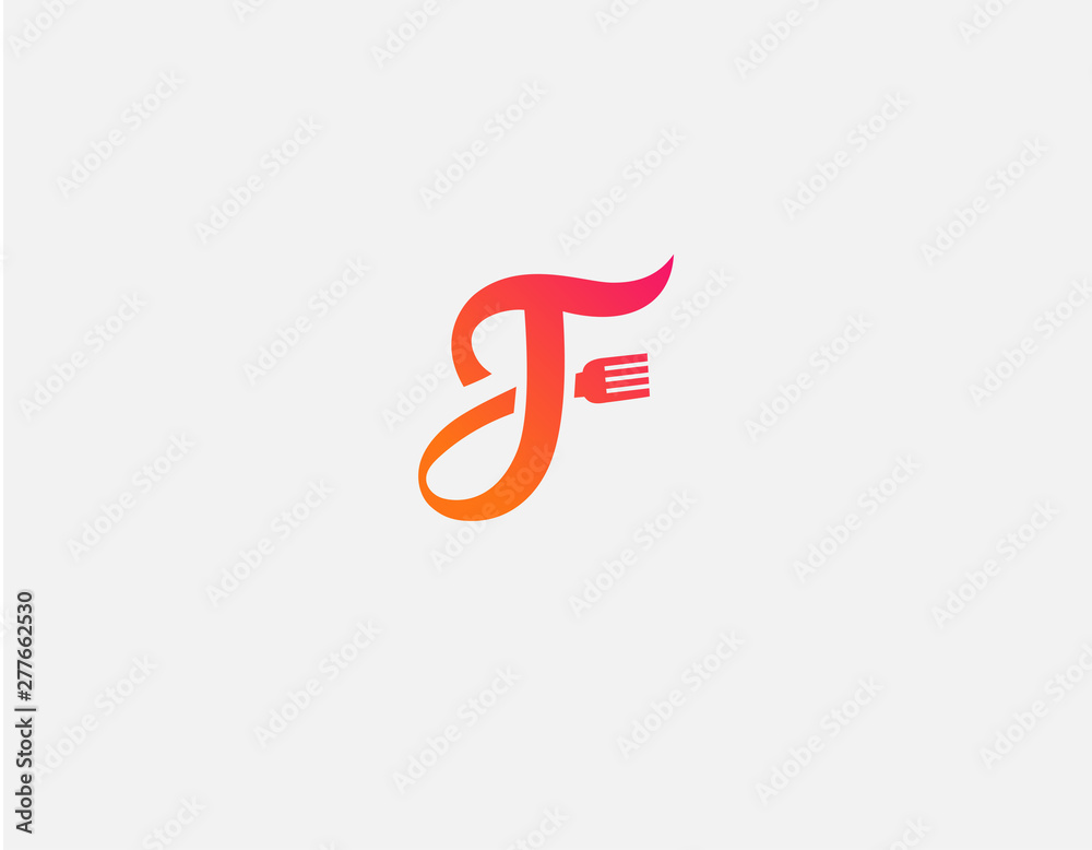 Abstract bright red and orange logo symbol letter F and fork restaurant dining Abstract bright red and orange logo symbol letter F and fork restaurant dining