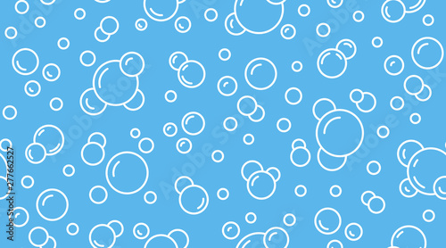 Bubbles vector seamless pattern with flat line icons. Blue white color soap texture. Fizzy water background, abstract effervescent effect wallpaper