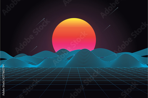 80's futuristic retro landscape with sun and mountain. Vector illustration