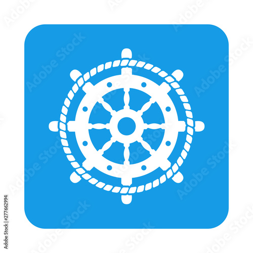 Icono plano abstracto con timón con cuerda en círculo en cuadrado color azul