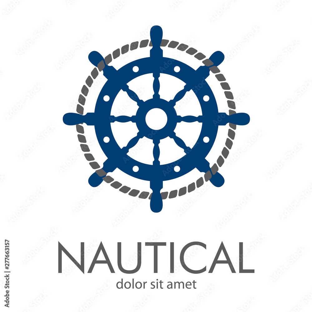 Logotipo abstracto con texto NAUTICAL con timón con cuerda enlazada en círculo en azul y gris Logotipo abstracto con texto NAUTICAL con timón con cuerda enlazada en círculo en azul y gris