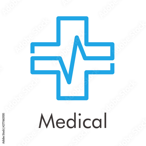 Logotipo abstracto con texto Medical con cruz lineal con latido en color azul