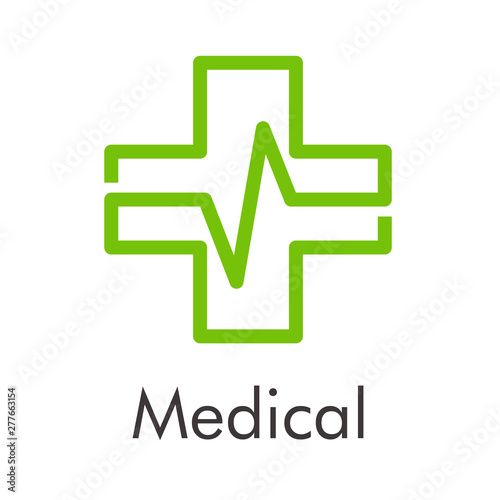 Logotipo abstracto con texto Medical con cruz lineal con latido en color verde