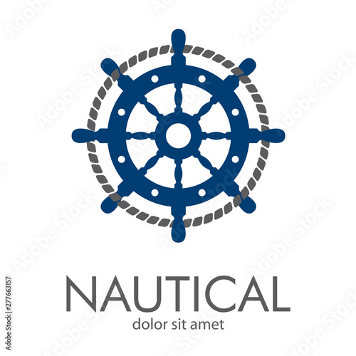 Logotipo abstracto con texto NAUTICAL con timón con cuerda enlazada en círculo en azul y gris