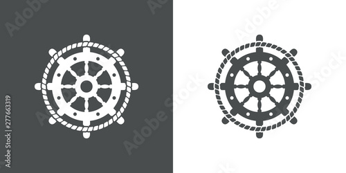 Logotipo abstracto con timón con cuerda en círculo en gris y blanco