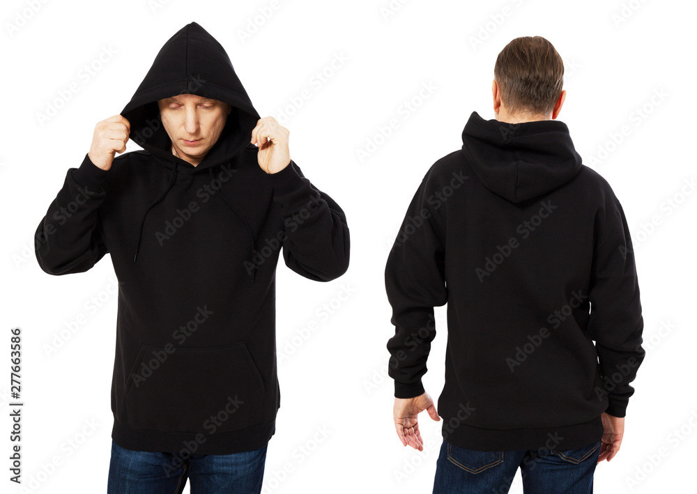 Man in template mens black hoodie sweatshirt isolated on white background. Man  in black blank sweatshirt