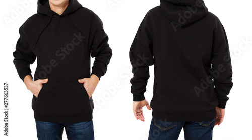 Middle age man in black sweatshirt template isolated. Male sweatshirts set with mockup and copy space. Sweat shirt design front and back view. Closeup