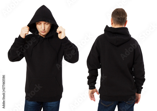 Man in template mens black hoodie sweatshirt isolated on white background.  Man in black blank sweatshirt hoody with copy space and mockup for design  logo print, Front and back view. Middle age