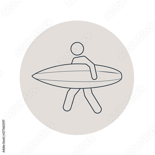 Icono plano lineal surfista con tabla en círculo color gris