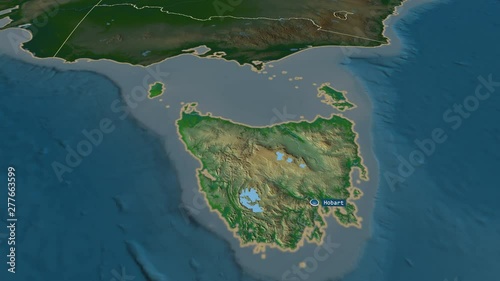 Tasmania - state of Australia with its capital zoomed on the physical map of the globe. Animation 3D