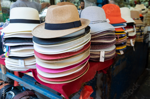 Colorful hats for sale at local street market