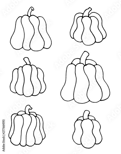 Set of six pumpkins. Icons for Halloween. Outline pumpkins on white background. Harvest season.