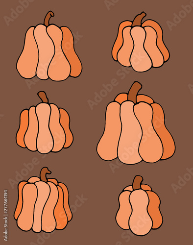 Set of six pumpkins. Icons for Halloween. Outline pumpkins on brown background. Harvest season.