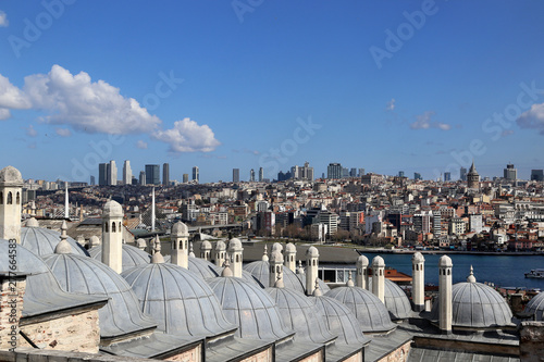 Istanbul, Turkey - 03/24/2019: View of the roofs of the Eastern Baths Hamam from the observation deck of the Suleymaniye Mosque.